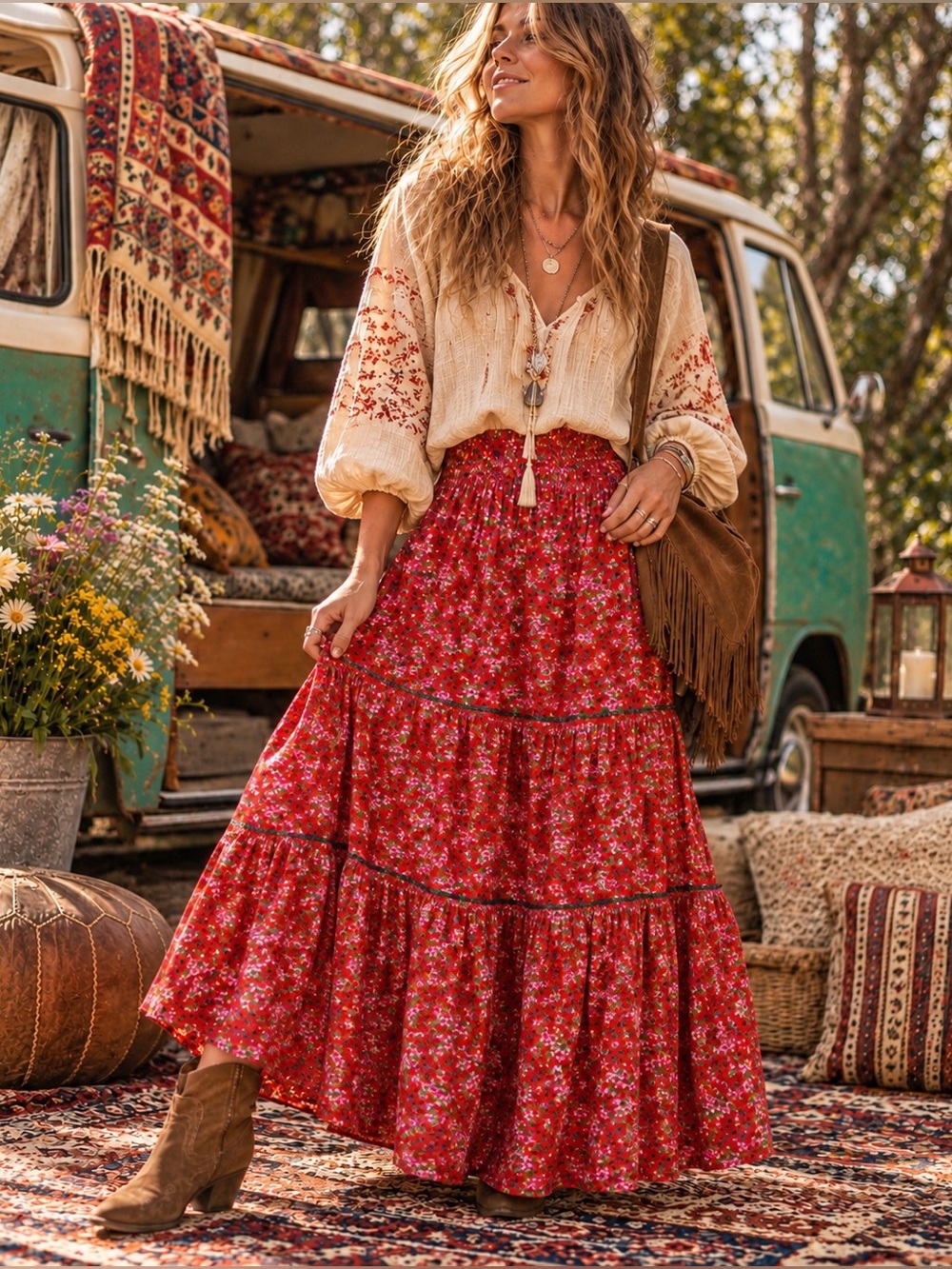 Natural Life Red Floral Tiered Maxi Skirt Boho Cottagecore